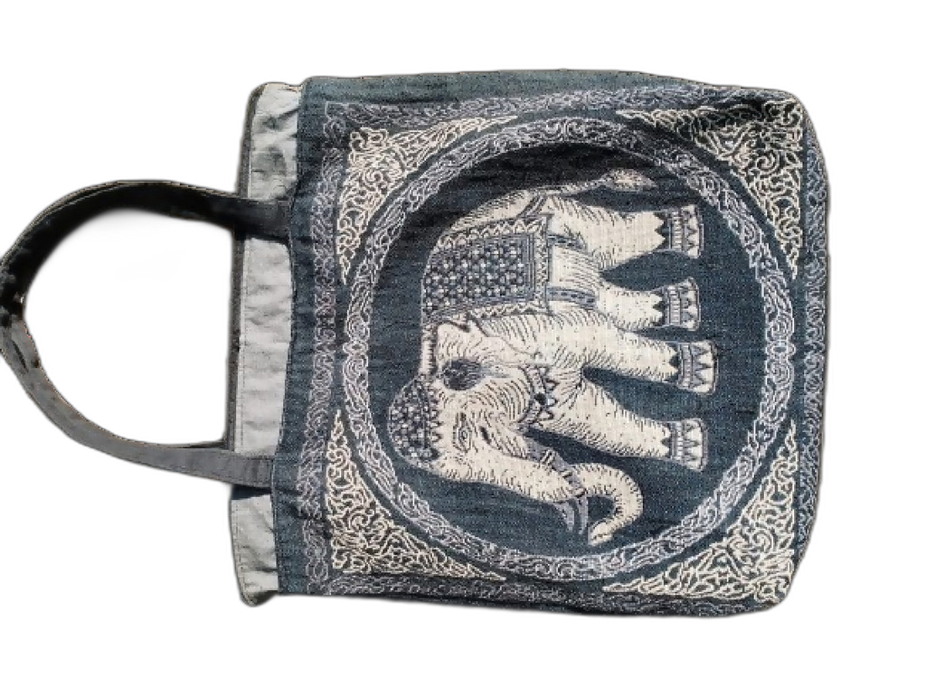 black and white single elephant design woven bag