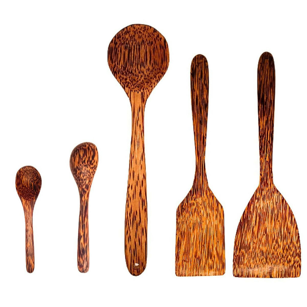 E and E Shop Coconut Wood Spoons and Spatulas | Set of 3 Spoons and 2 Spatulas-Ceylon Supermart