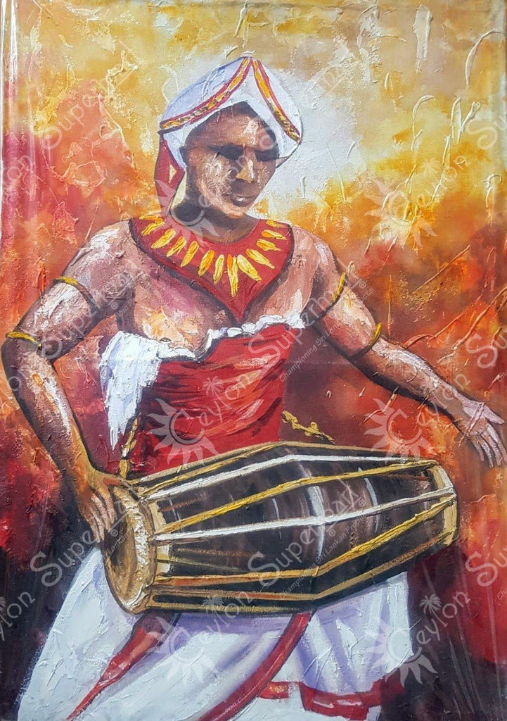 Original Sri Lankan Wall Art Kandyan Drummer Oil Painting, 65 x 91 cm Ceylon Supermart