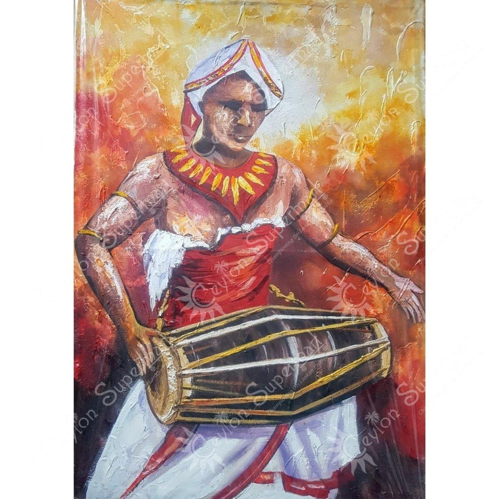 Original Sri Lankan Wall Art Kandyan Drummer Oil Painting, 65 x 91 cm Ceylon Supermart